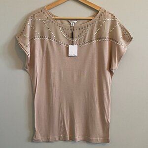 NWT Calvin Klein Pink T-shirt Blouse with Silver Hardware Grommets Sheer Panel